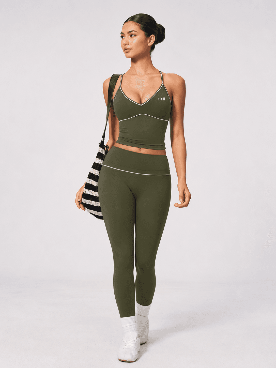 Olive Green Piping Activewear Set – V-Neck Sports Top & V-Contour High-Waist Leggings 2