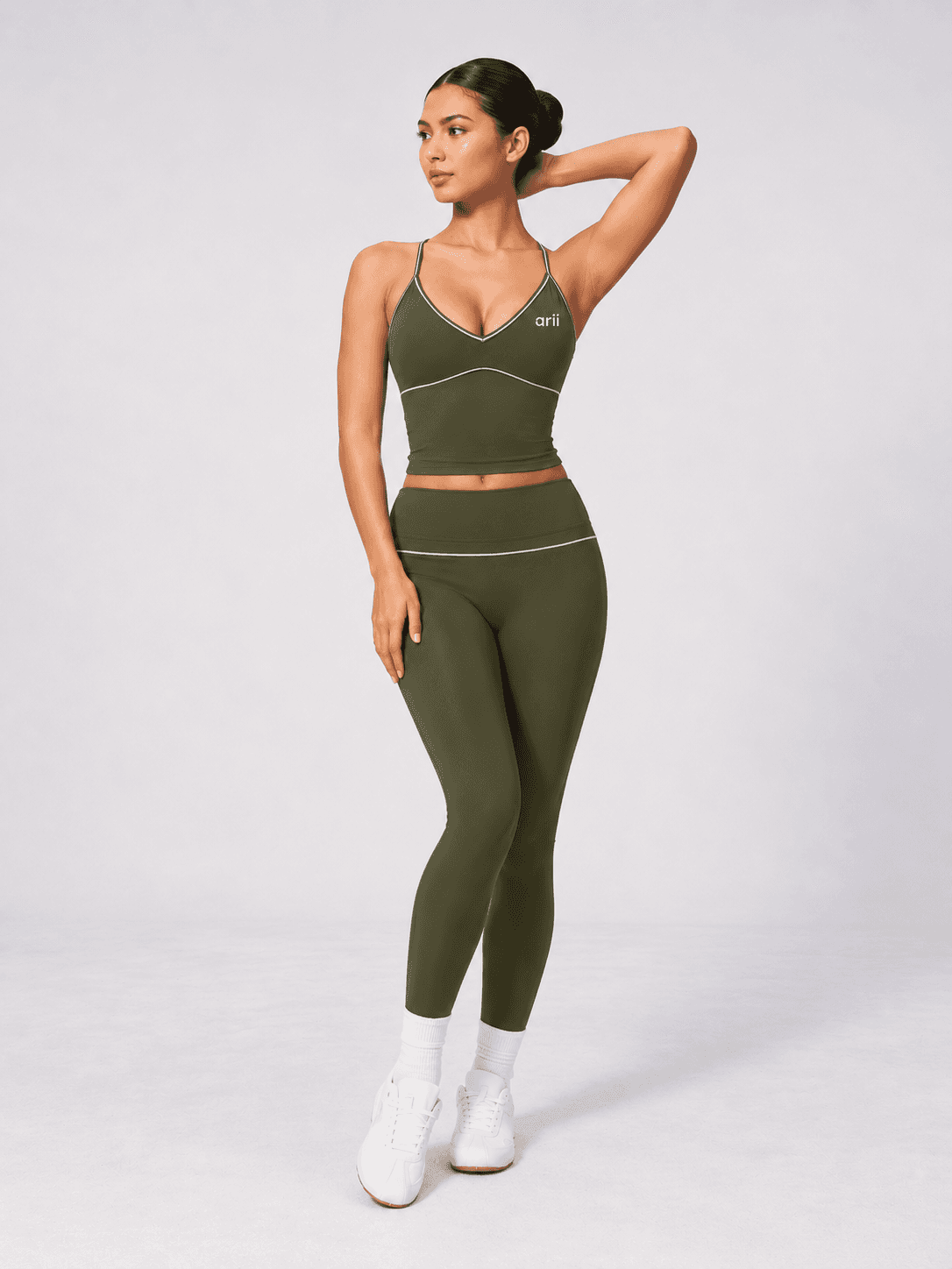 Olive Green Piping Activewear Set – V-Neck Sports Top & V-Contour High-Waist Leggings 3